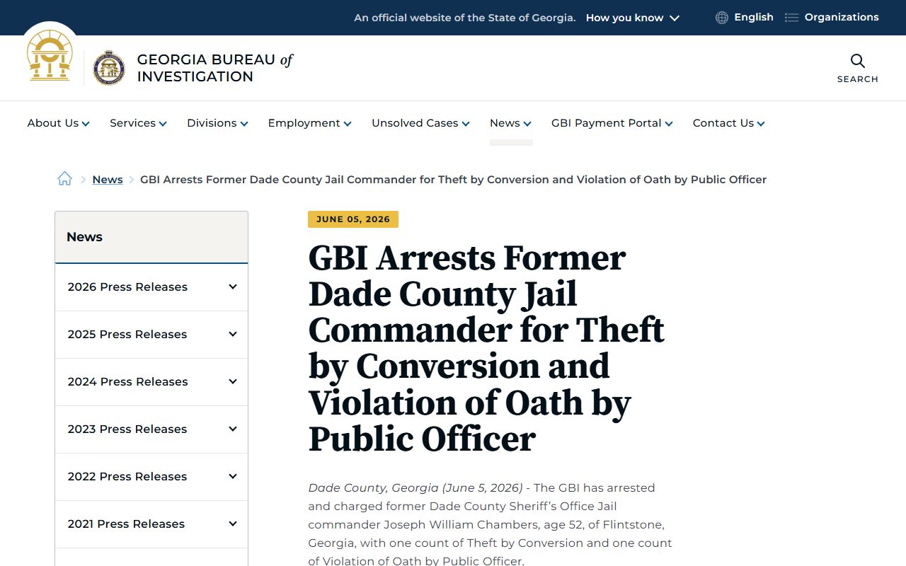 Dade County arrest records GBI Dade jail commander arrest press release