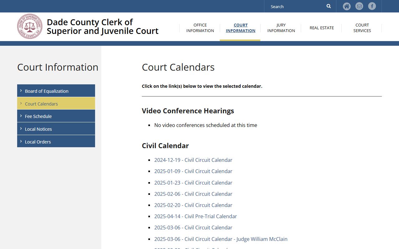 Dade County court dockets calendar page